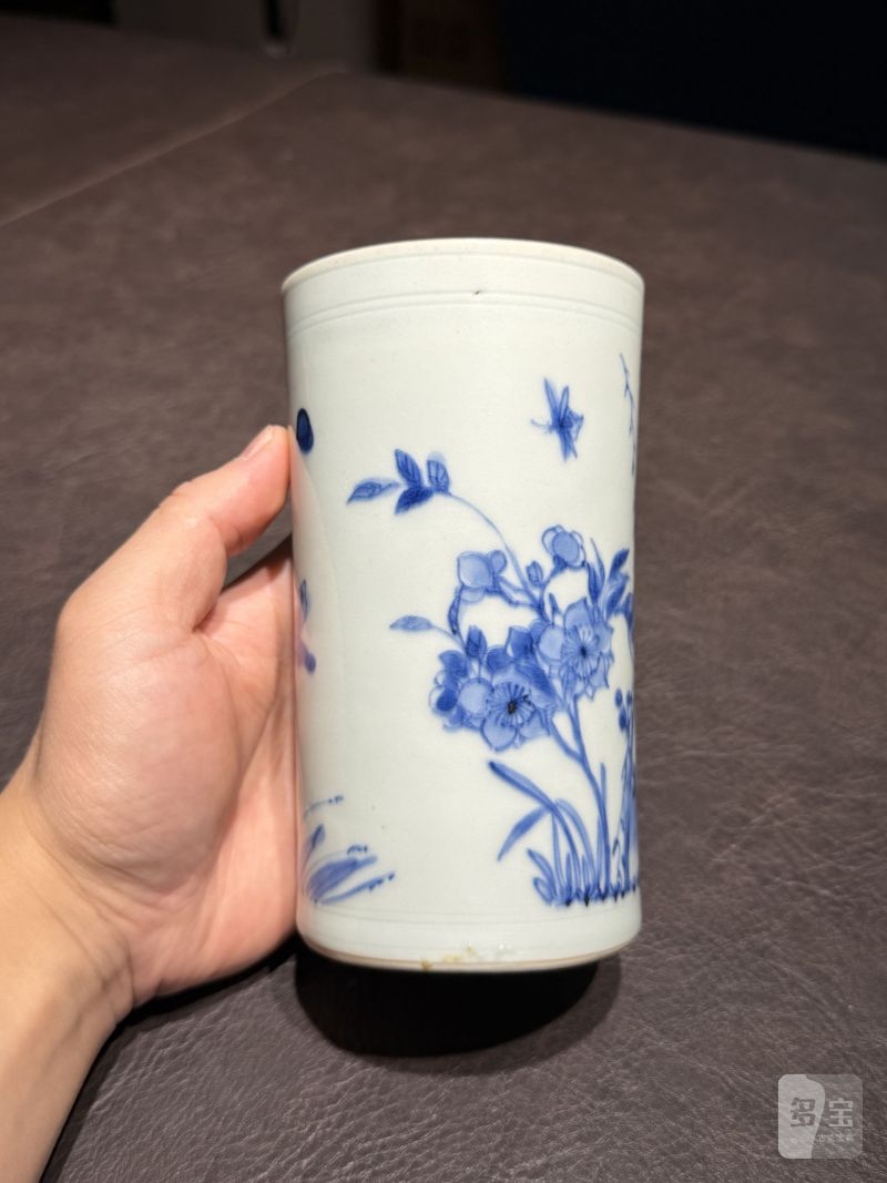 明崇祯 青花花鸟图笔筒 - 图5